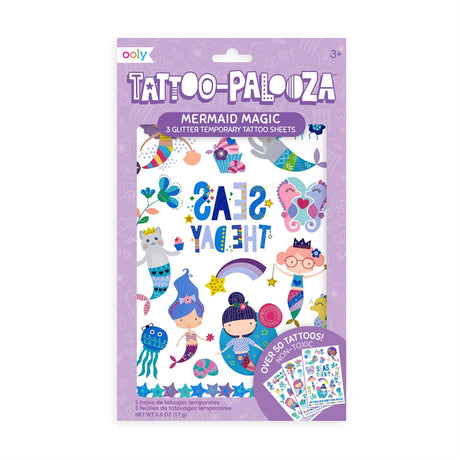 Mermaid Magic Tattoos set with 3 glitter sheets featuring colorful mermaids, seahorses, and underwater characters.