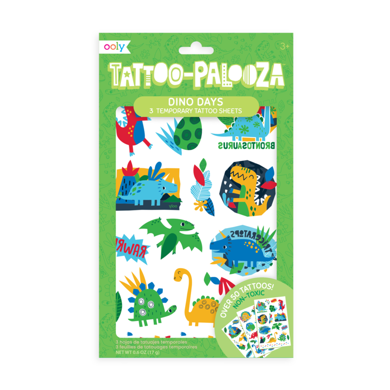 Dino Days Tattoos temporary tattoo set with colorful dinosaur designs on 3 easy-apply non-toxic sheets for kids and adults.