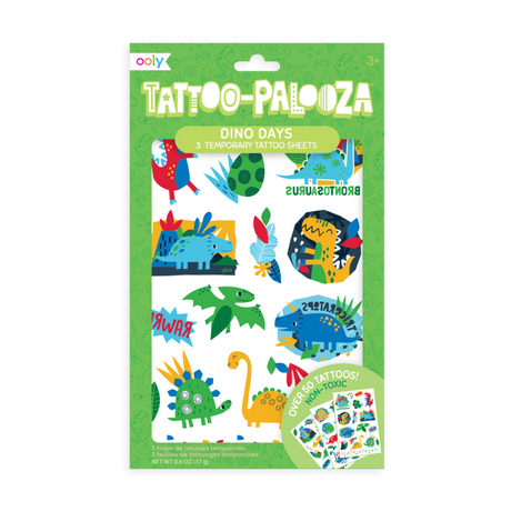 Dino Days Tattoos temporary tattoo set with colorful dinosaur designs on 3 easy-apply non-toxic sheets for kids and adults.