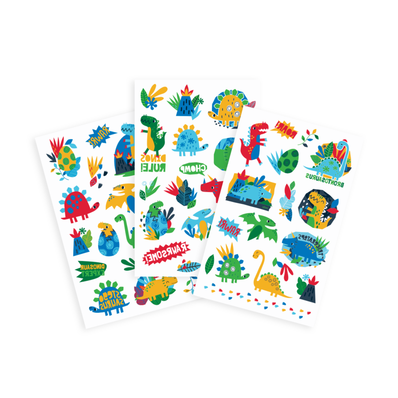 Dino Days Tattoos featuring colorful dinosaur temporary tattoos on three sheets with over 50 fun designs for kids.