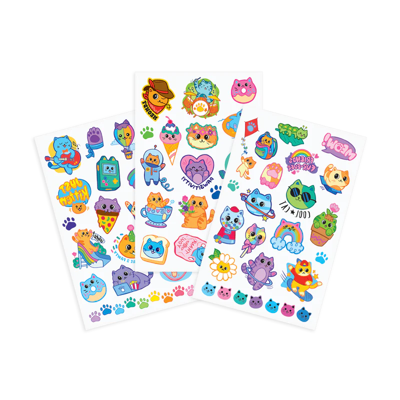 Colorful Cats Tattoos set with 3 sheets and over 50 cute, colorful, glittery cat temporary tattoos for kids and adults.