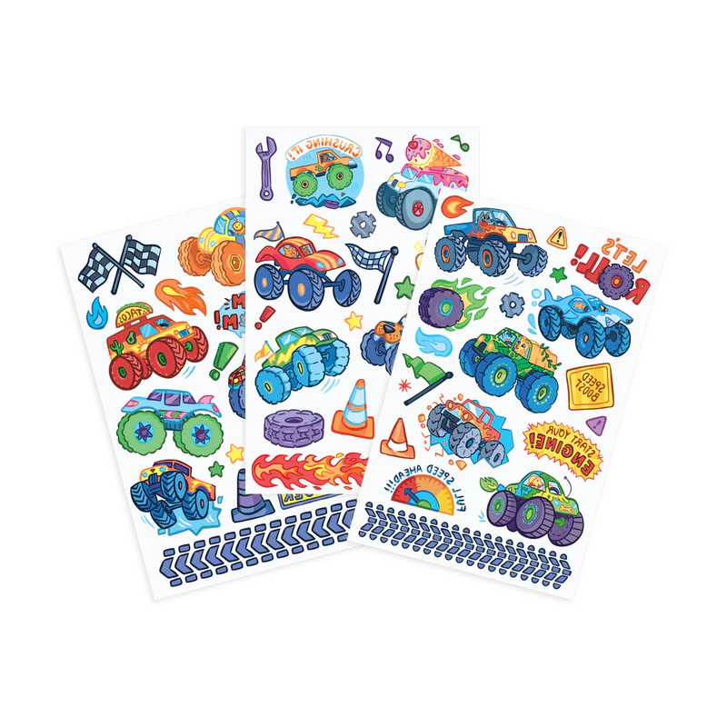 Monster Truck Tattoos temporary tattoo set with 3 sheets featuring over 50 colorful monster truck designs and auto parts.