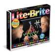 Lite Brite box showing kids creating glowing art designs with colorful pegs on a bigger, brighter screen.