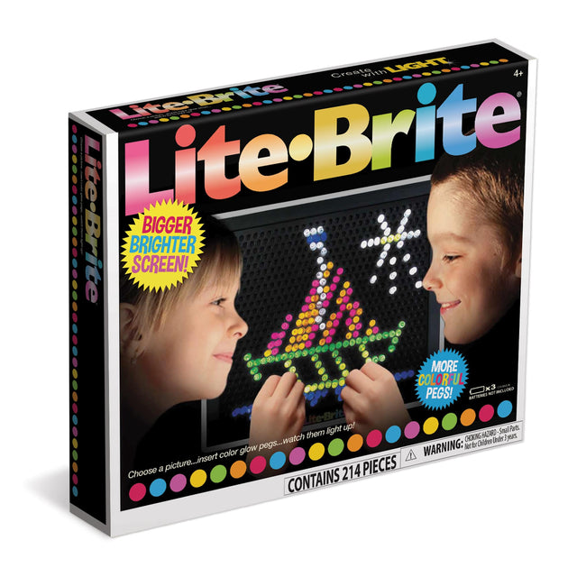 Lite Brite box showing kids creating glowing art designs with colorful pegs on a bigger, brighter screen.