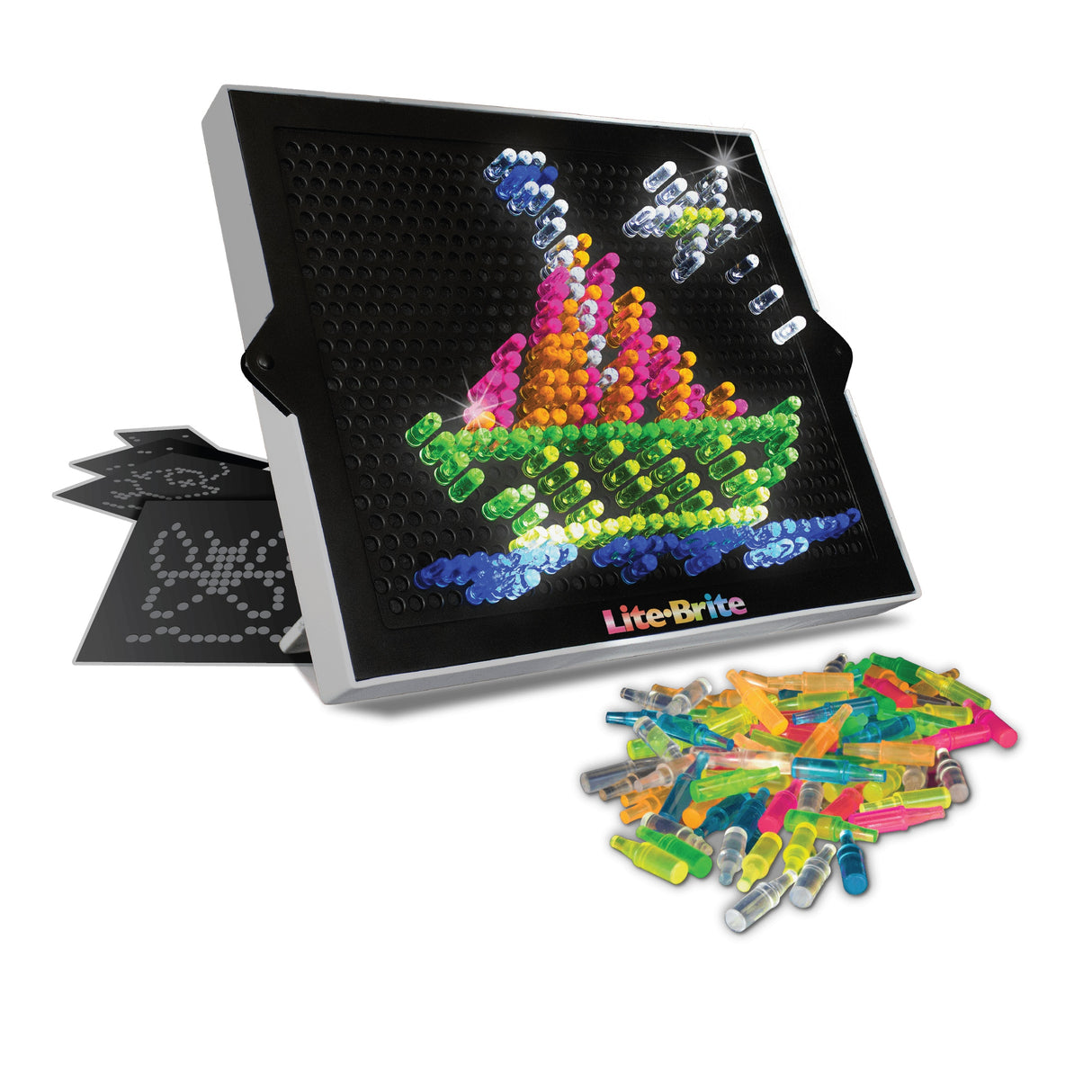 Lite Brite toy with colorful light pegs forming a sailboat design and included templates for creative art fun.