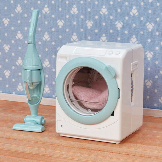 Laundry & Vacuum with front-loading washing machine and detachable handheld vacuum cleaner in pastel blue and white.