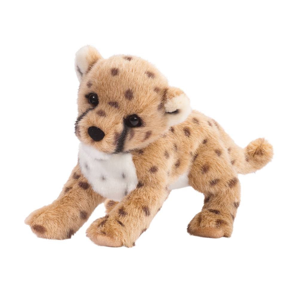 Cuddly plush toy Cheetah Cub Chillin with spotted fur, tear marks, and soft polyester fill, perfect for snuggling.