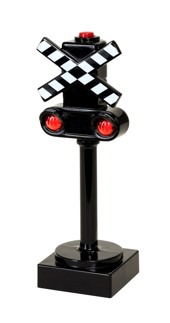 Crossing Signal toy with a black and white railway sign, red blinking lights, and button on a sturdy base for kids ages 3+