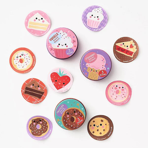 Sweet Scented Stickers Tin featuring 20 assorted vanilla, strawberry, and chocolate scratch and sniff stickers.