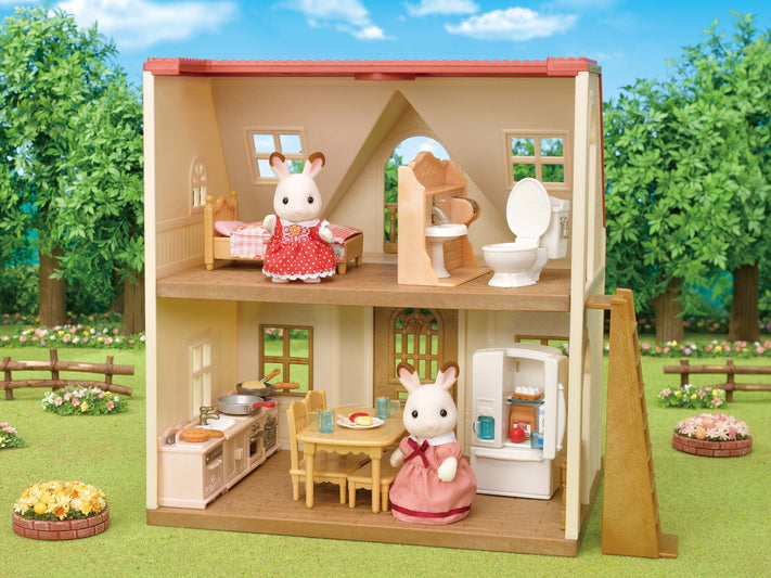 Playful Furniture wooden dollhouse with Hopscotch Rabbit figures in kitchen and bedroom, featuring movable furniture pieces.