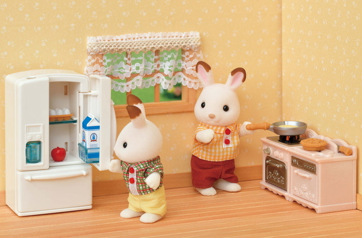 Playful Furniture with poseable rabbit figures, fridge, stove, and kitchen accessories for imaginative pretend play.