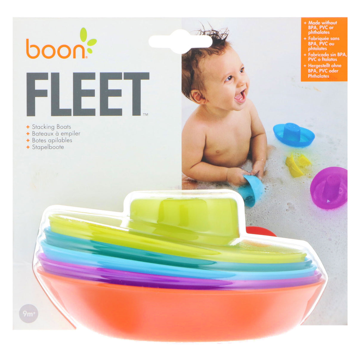 FLEET Stacking Boats colorful set of five stackable plastic boats for water play with wide decks and drain holes.