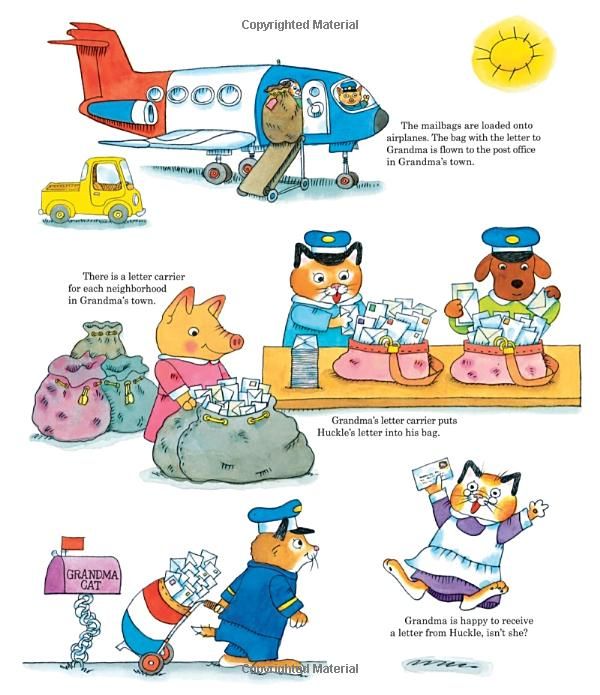 Busy Busy Town book illustration shows animal mail carriers sorting and delivering letters in Grandma's town.
