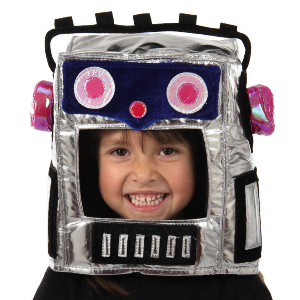 Child wearing a shiny silver Robot Hat with pink and blue details, transforming into a friendly robot costume.
