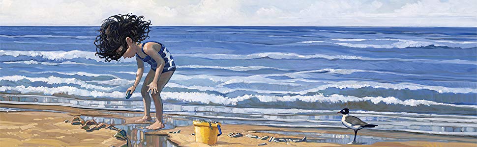 Hum and Swish shows a child at the beach focused on creating art in the sand under a bright sky.