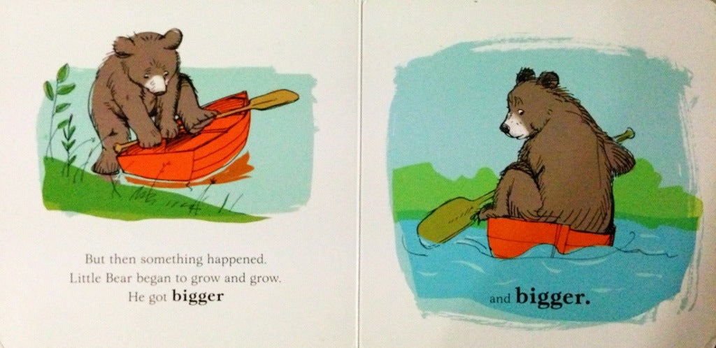 Little Bear struggles to fit in his little orange boat as he grows in Little Bear's Little Boat.