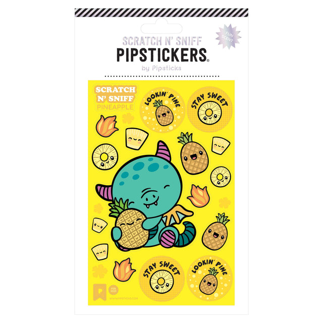 Pineapply Ever After Scratch & Sniff Stickers featuring a kawaii dragon and pineapple puns on a bright yellow sheet.
