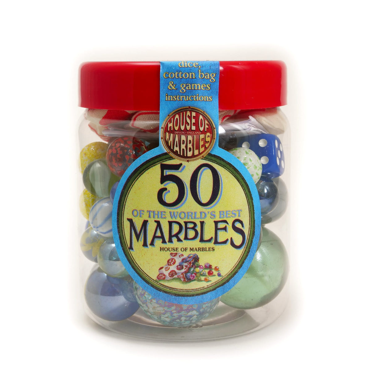 Tub of Marbles with 50 colorful marbles, dice, cotton bag, and game instructions in a clear plastic jar.