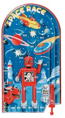 Robot Pinball features a colorful space design with targets and metal balls for fun handheld play.
