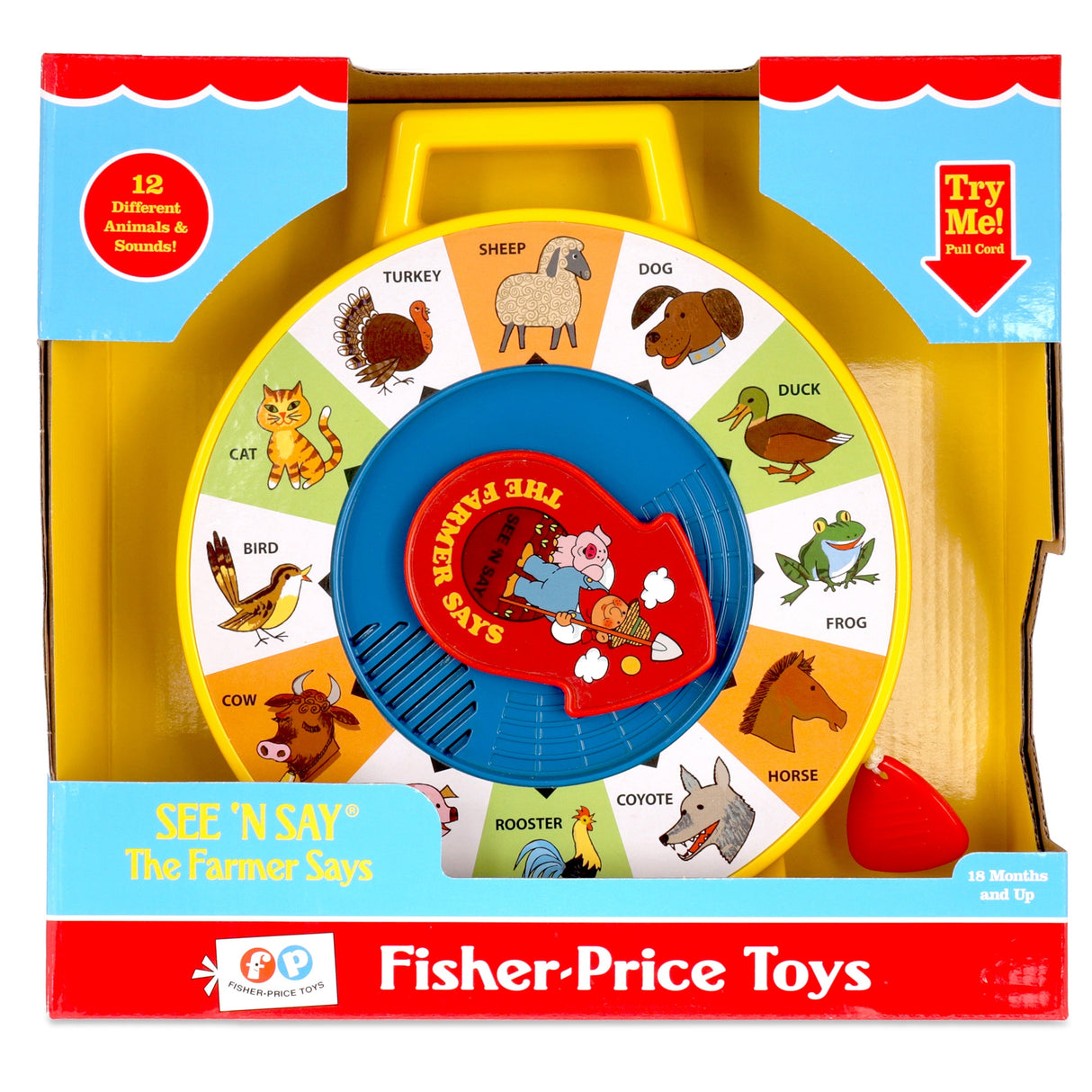 Fisher Price See N Say toy with colorful animal pictures and pull cord to hear 12 different animal sounds for toddlers.