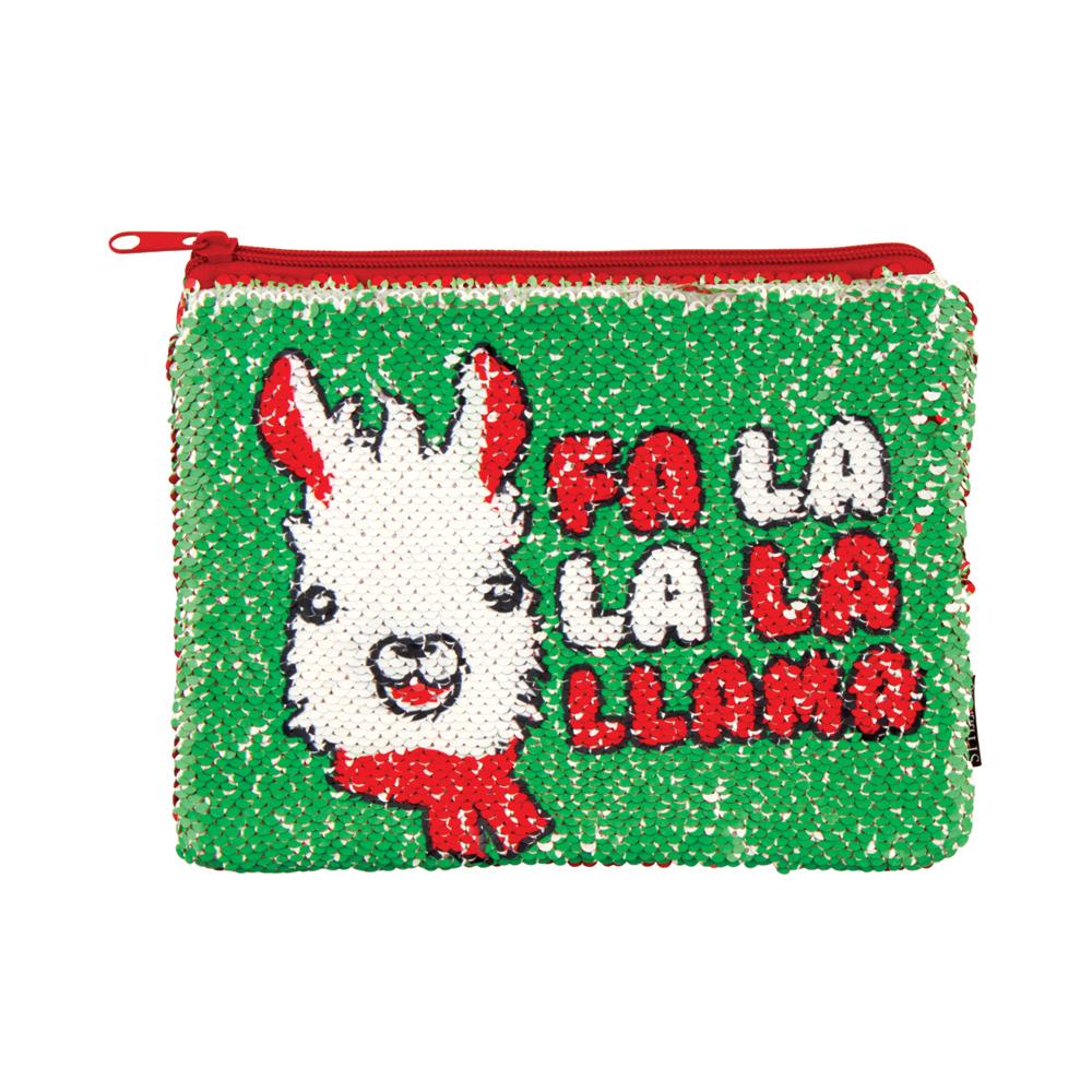 Fa La Llama Sequin Pouch with reversible red and green sequins featuring a llama and festive text design.