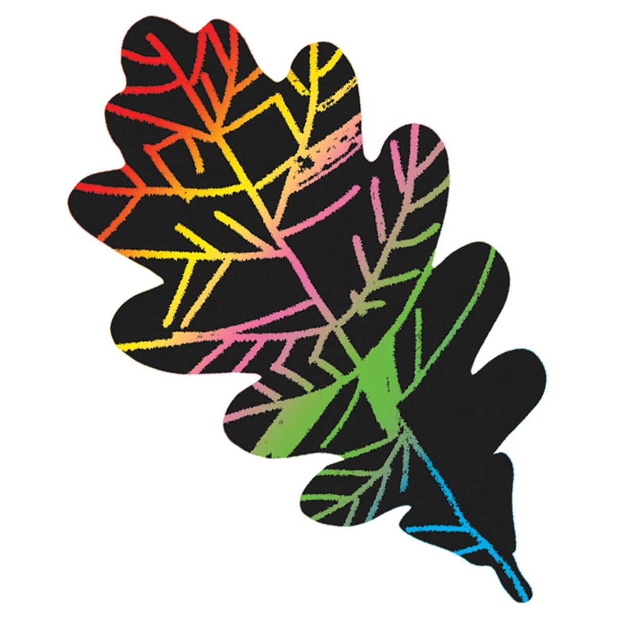 Scratch Art Forest Leaves showing a colorful rainbow leaf design revealed by scratching the black surface.