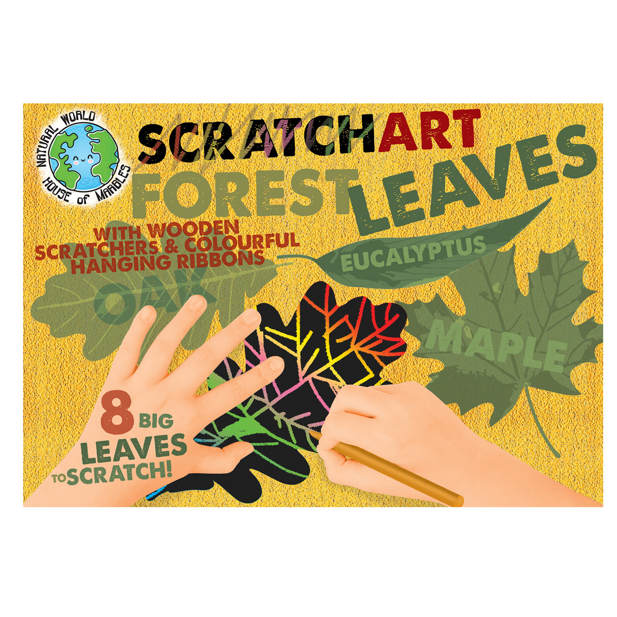 Scratch Art Forest Leaves with 8 large leaf shapes, wooden scrapers, and colorful ribbons for creative decorating fun.