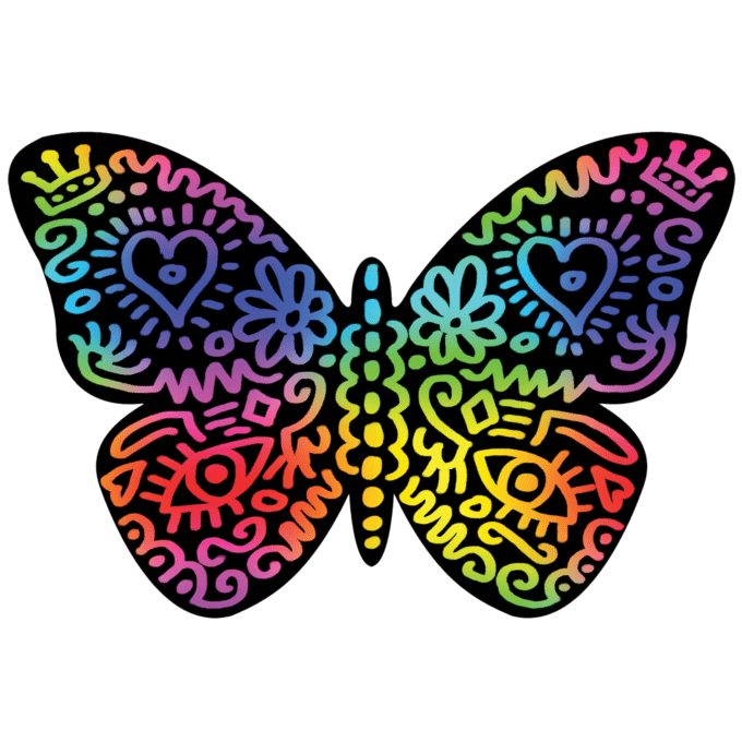 Scratch Art Butterflies showing vibrant rainbow colors revealed by scratching black surface on butterfly-shaped art piece.