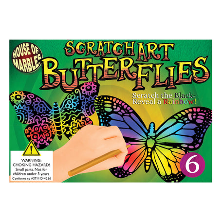 Scratch Art Butterflies kit showing hand scratching butterfly revealing colorful rainbow design on black surface.