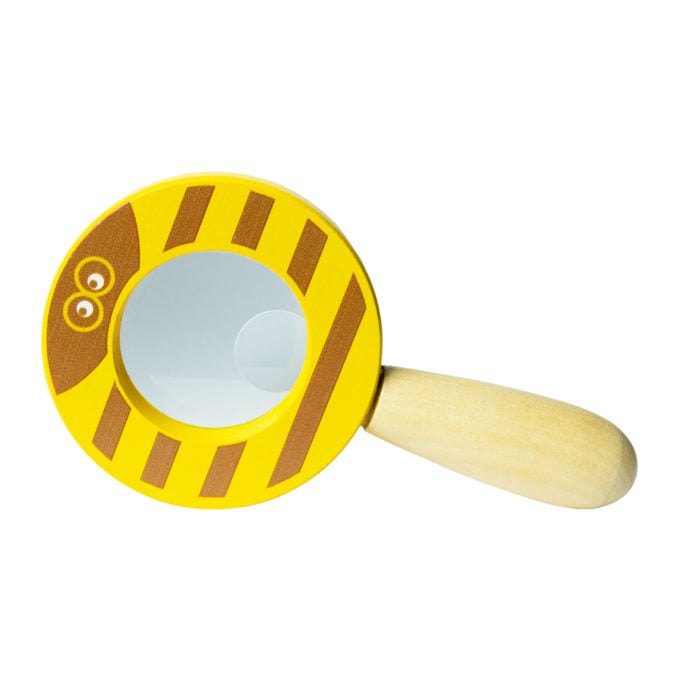 Magnifying Glass with sturdy wooden handle and playful yellow design, perfect for kids to explore nature up close.