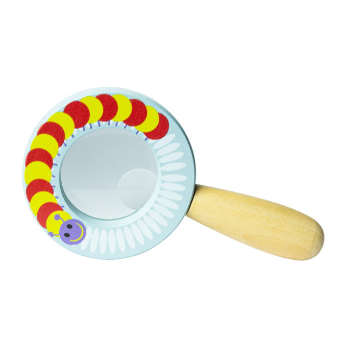Magnifying Glass with wooden handle and colorful caterpillar design, perfect for kids to explore nature up close.