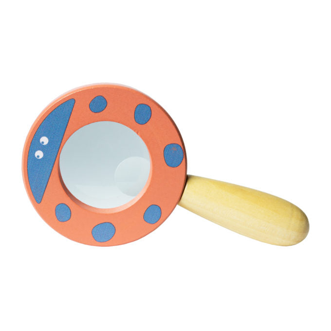 Magnifying Glass with wooden handle and colorful bug design, perfect for kids to explore nature and learn outdoors.
