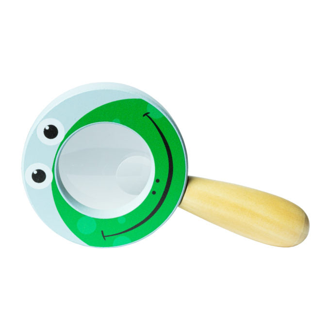 Magnifying Glass with sturdy wooden handle and playful green frog design for kids to explore nature outdoors.