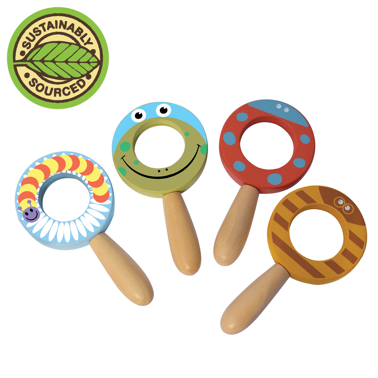 Magnifying Glass with wooden handle and fun painted designs, perfect for kids exploring nature outdoors.