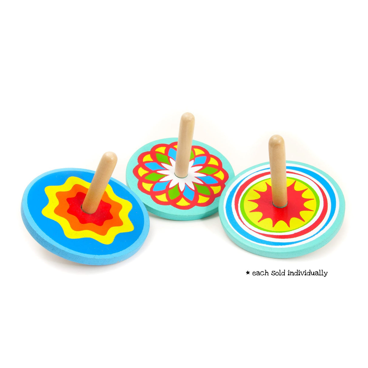 Wooden Spinning Top in bright colors with fun patterns, sturdy design, approx 6cm width, sold individually.