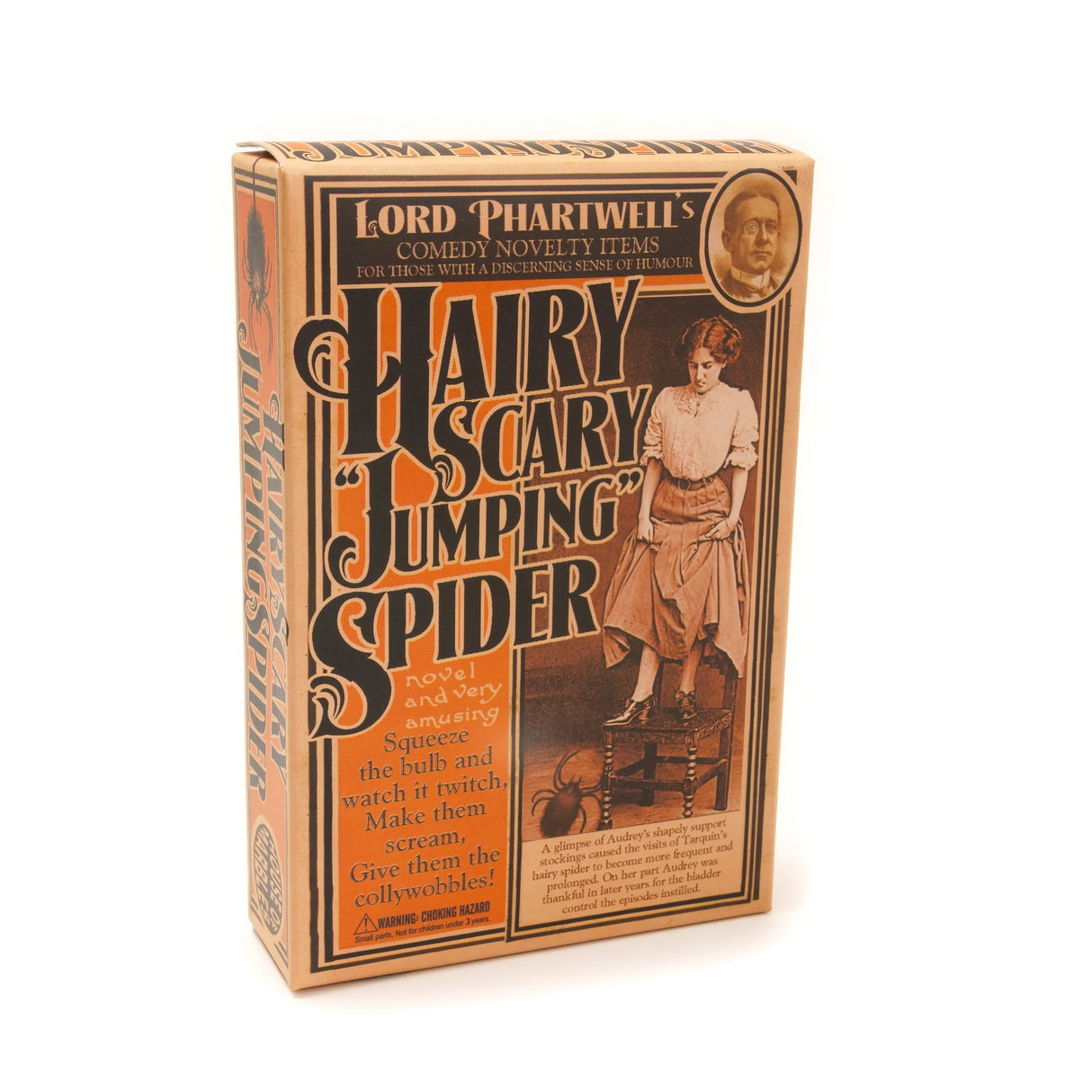 Vintage-style box packaging for the Hairy Jumping Spider novelty prank toy with retro design and humor.
