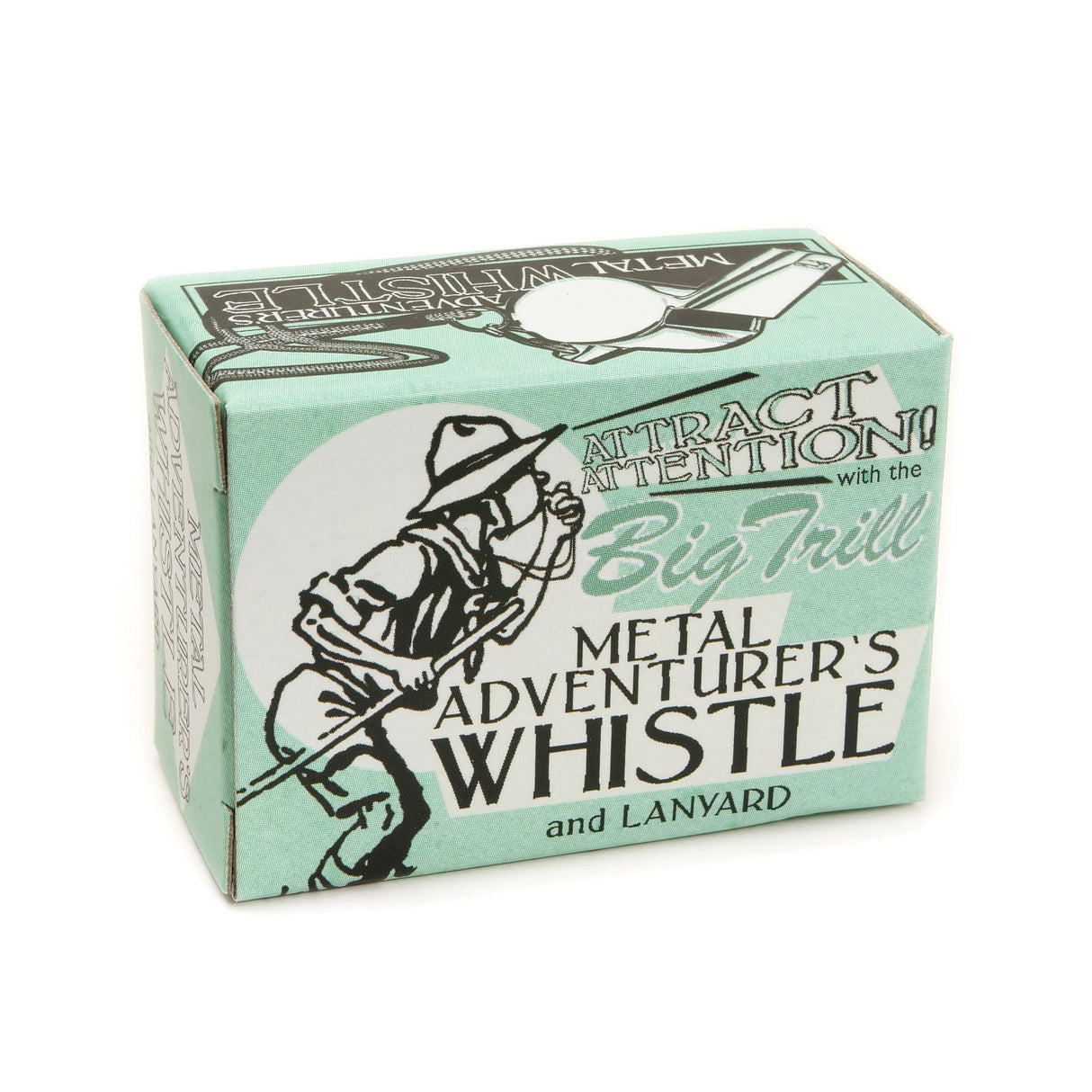 Adventurer's Whistle in a vintage-style box featuring an explorer illustration and metal whistle text branding.