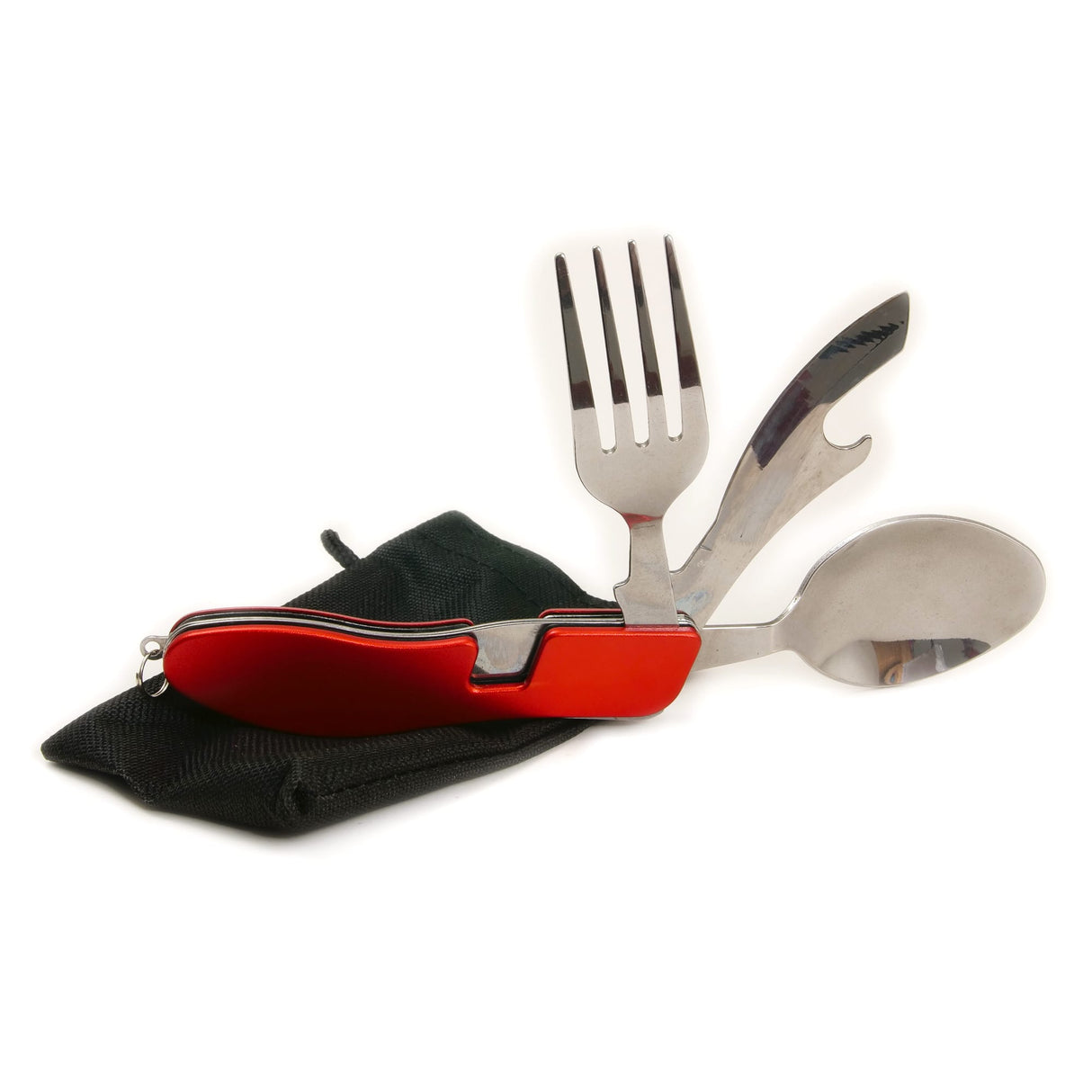 Adventurer's Pocket Folding Knife, Fork & Spoon with red handle, fork, knife, spoon, and black pouch for camping use.