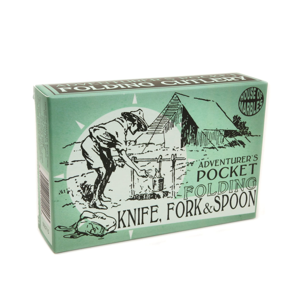 Adventurer's Pocket Folding Knife, Fork & Spoon in green box with camping illustration, ideal for outdoor dining and camping.