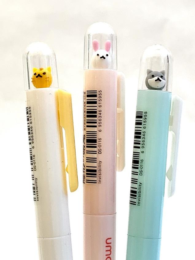 Tiny Animal Retractable Gel Pen with cute animal toppers in yellow, pink, and blue barrels, perfect for writing and doodling.