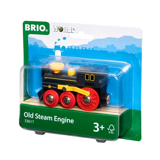 Old Steam Engine toy with red wheels and moving pistons, designed for ages 3+ on BRIO train tracks.