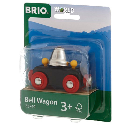 Bell Wagon Car wooden toy with bell sound, compatible with BRIO trains, suitable for ages 3 and up.