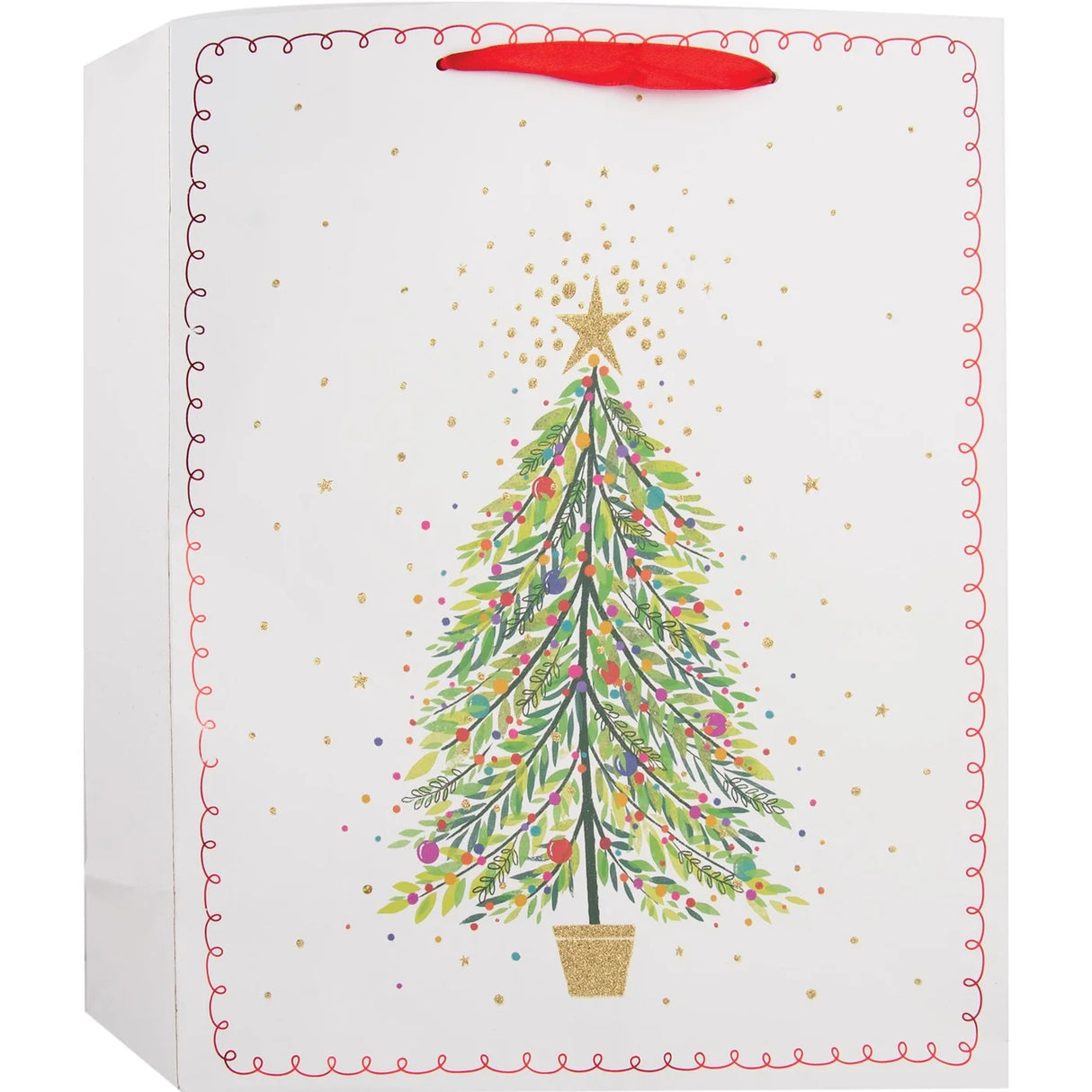 Large gift bag large Christmas tree magic with red foil accents, gold glitter, and red satin ribbon handles.