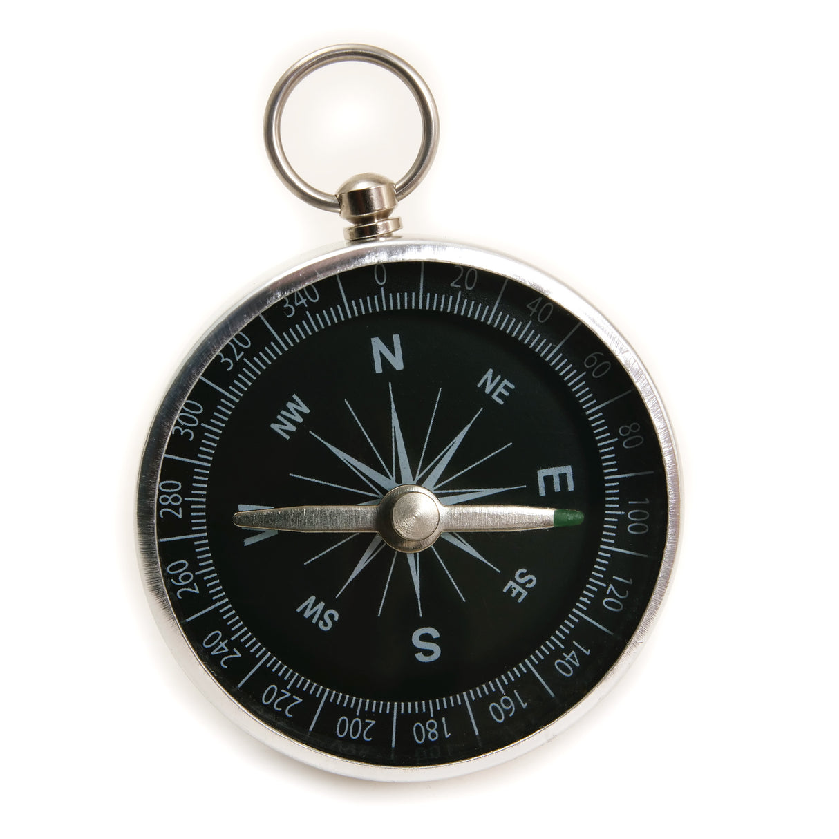 Metal Compass with black dial and silver casing for accurate navigation while exploring outdoors.