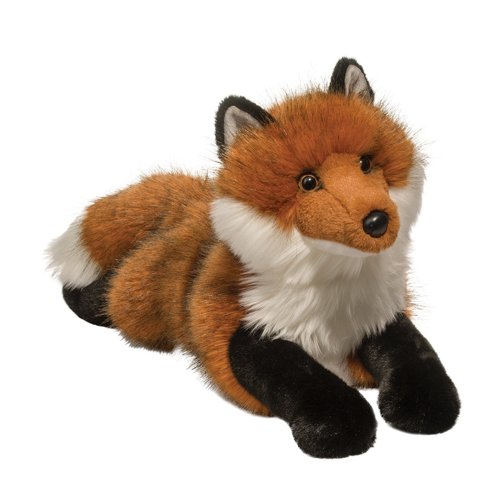 Fox Fletcher plush toy with lifelike faux fur, white bib, black legs, and bright golden eyes in a resting pose.