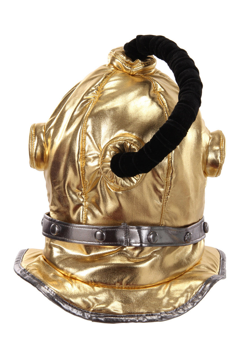 Diving Bell Plush Helmet in shiny gold lamé with black hose and silver trim, adjustable for adults and kids.