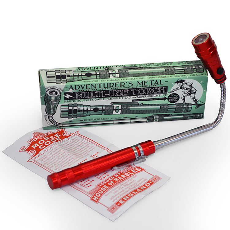 Adventurer's Multi Use Torch with magnetic, extendable arm, flexible head, and super bright LED for versatile use.