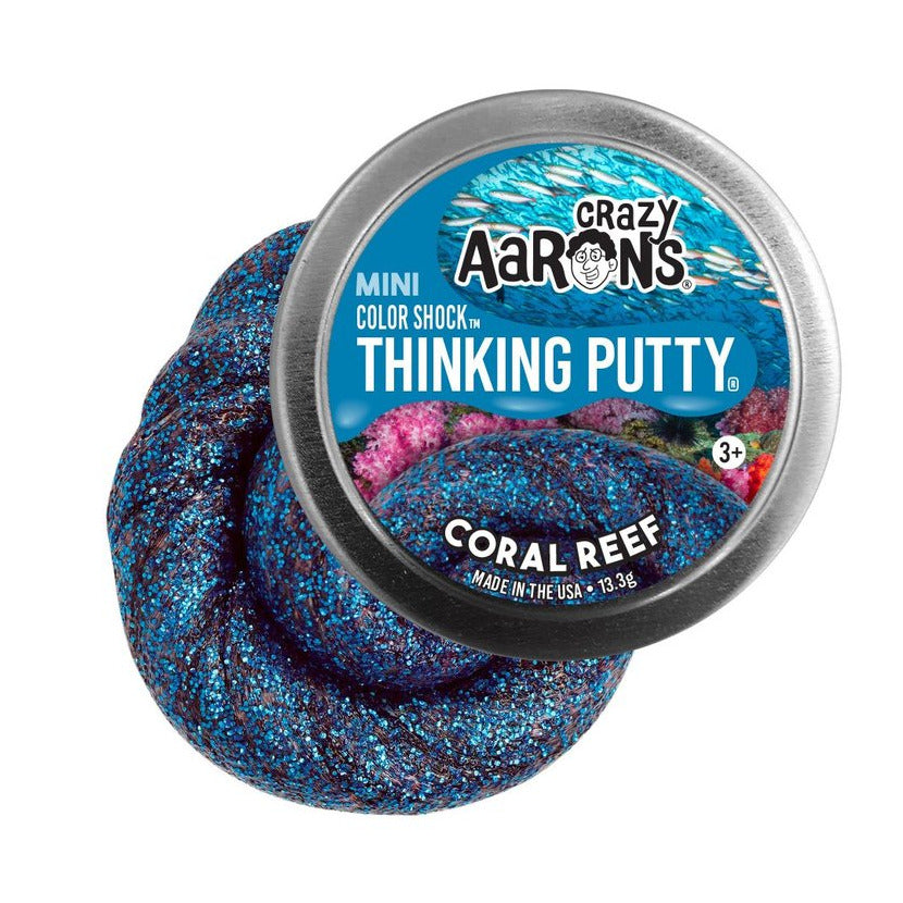 Mini Color Shock Coral Reef Thinking Putty in blue glitter with hidden coral pink, soft and stretchable fun for ages 3+