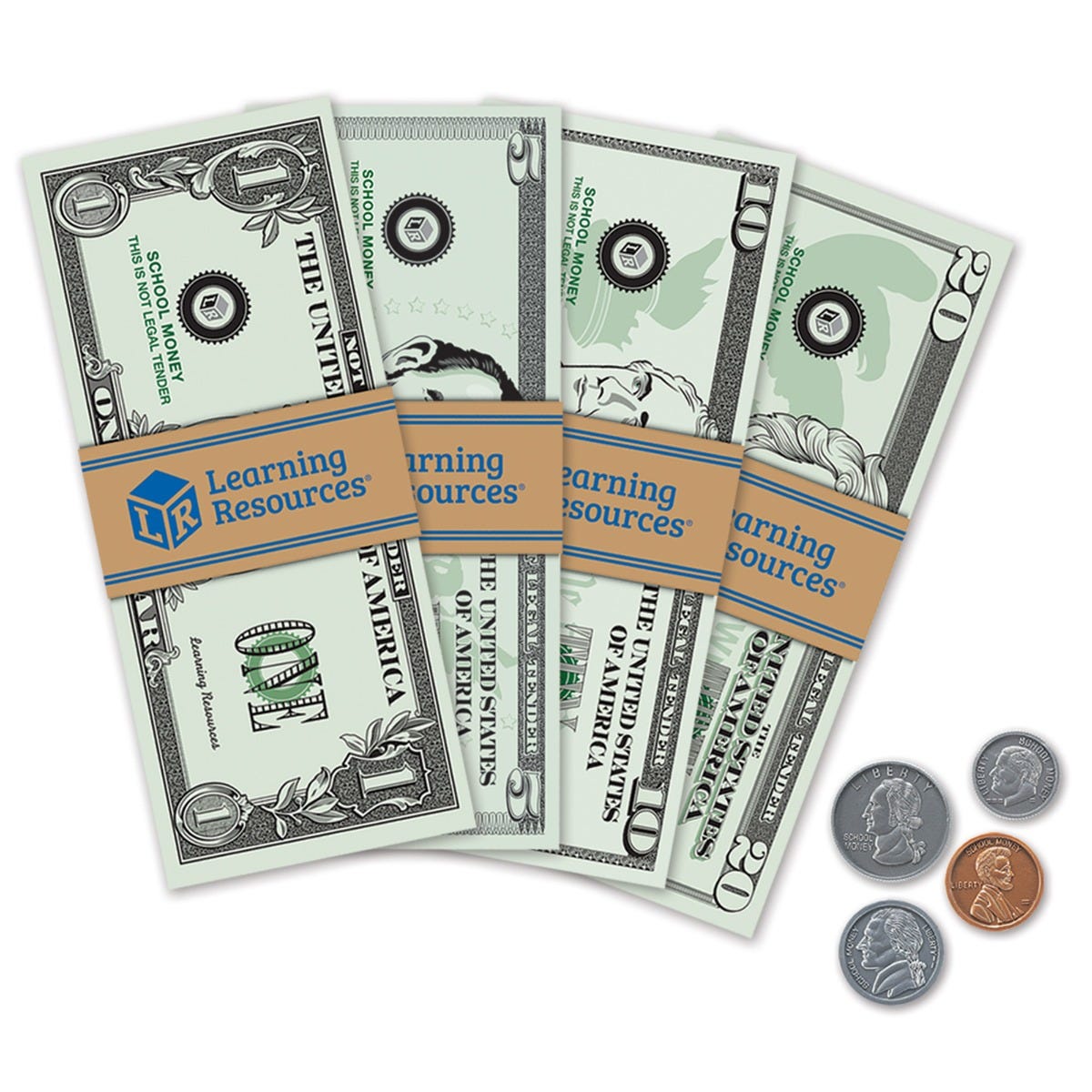 Play Money set with realistic bills and coins for kids to learn money skills and making change.