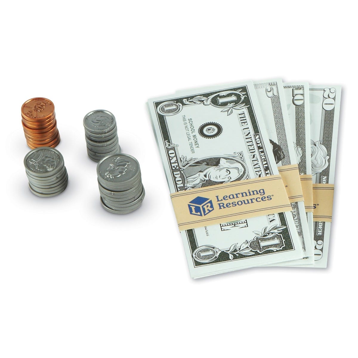 Play Money set with actual-size detailed bills and coins for kids learning money skills and counting.